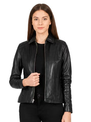 Women's black sheepskin leather jacket, front view