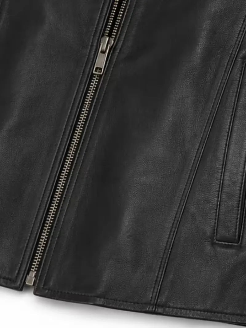 Women's black sheepskin leather jacket, zip and closure detail