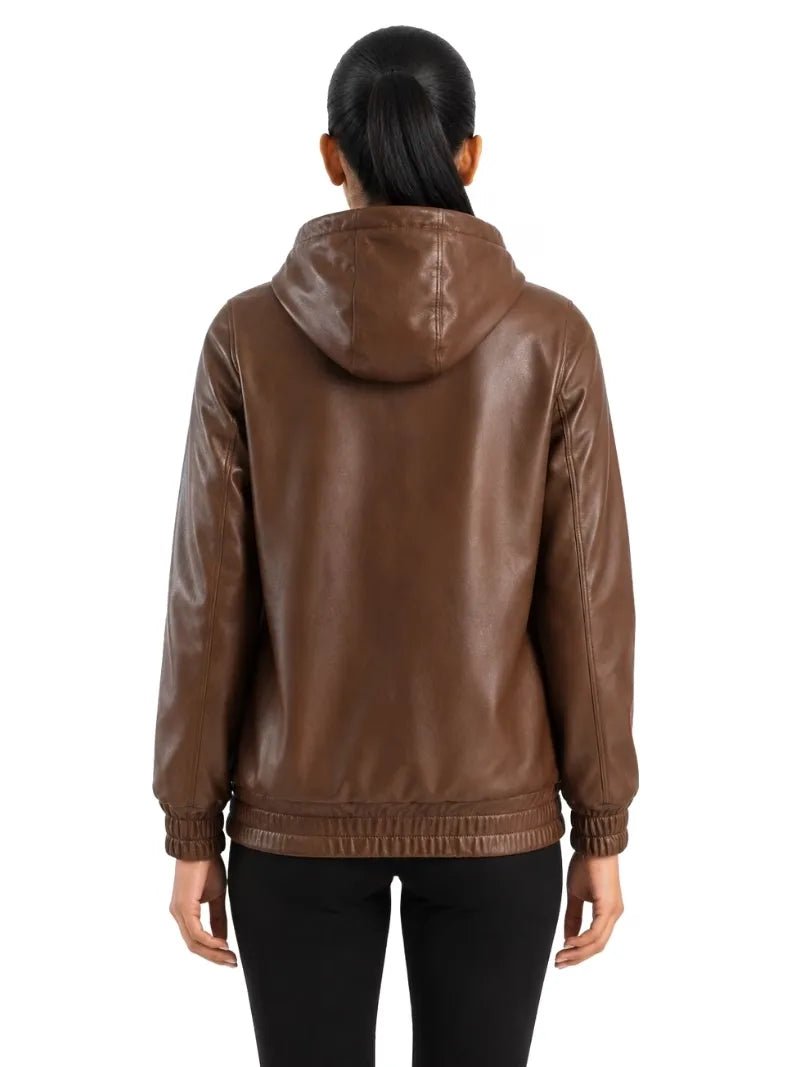 Women's black sheepskin leather jacket, collar detail