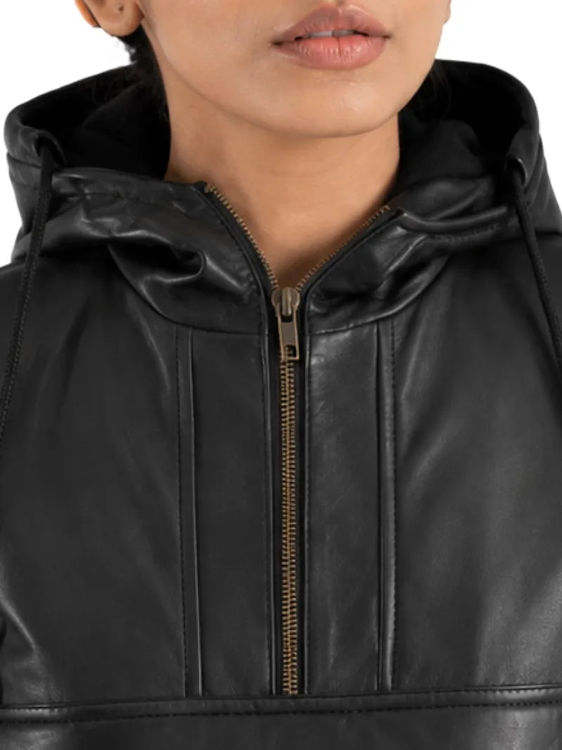 Women's black sheepskin leather jacket, zip and closure detail