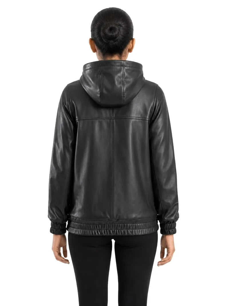 Women's black sheepskin leather jacket, back view