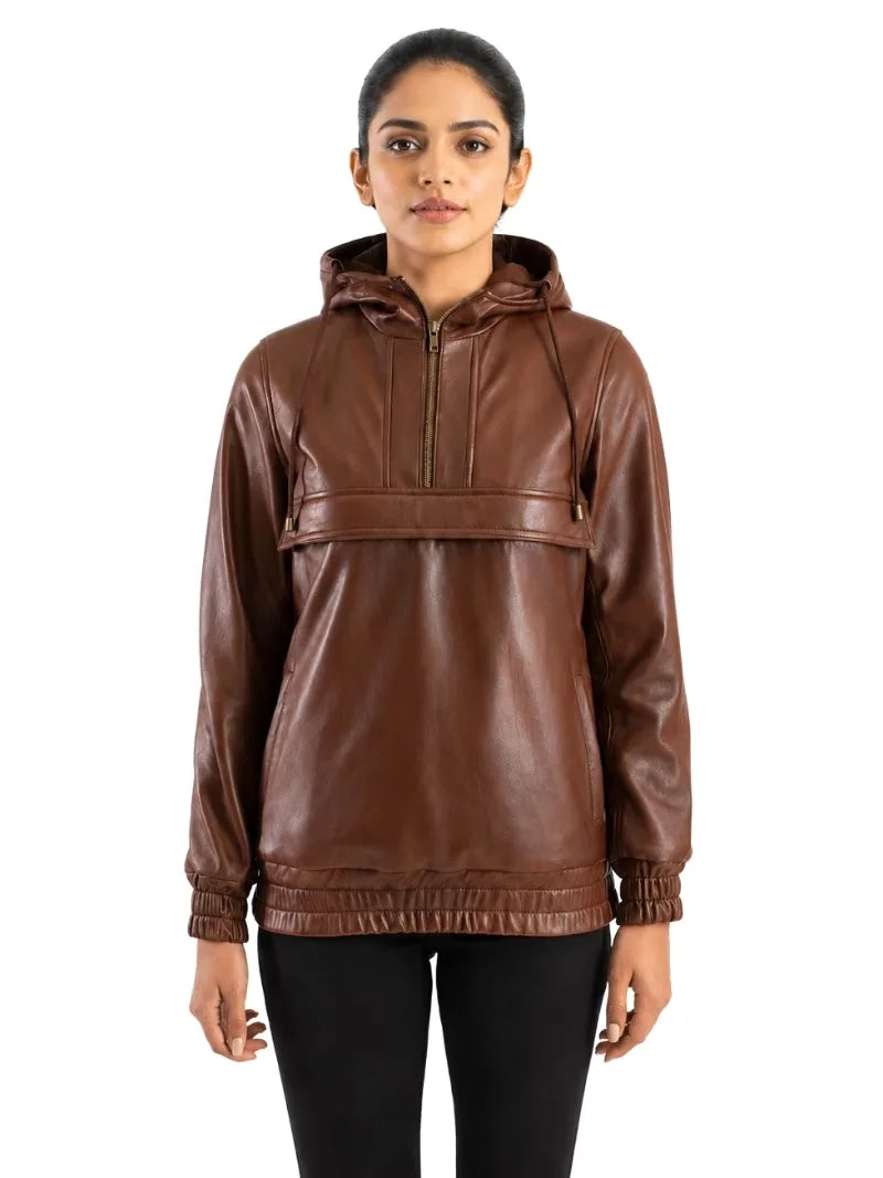 Women's black sheepskin leather jacket, side view