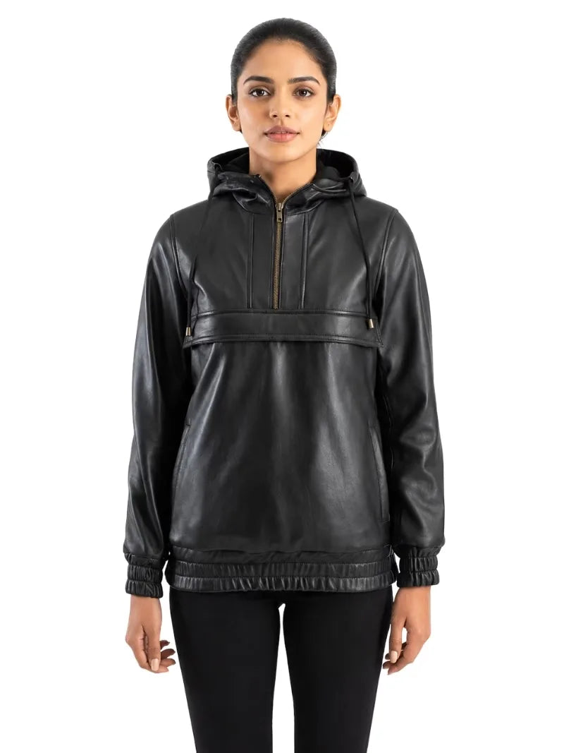 Women's black sheepskin leather jacket, front view