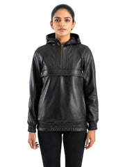 Women's black sheepskin leather jacket, front view