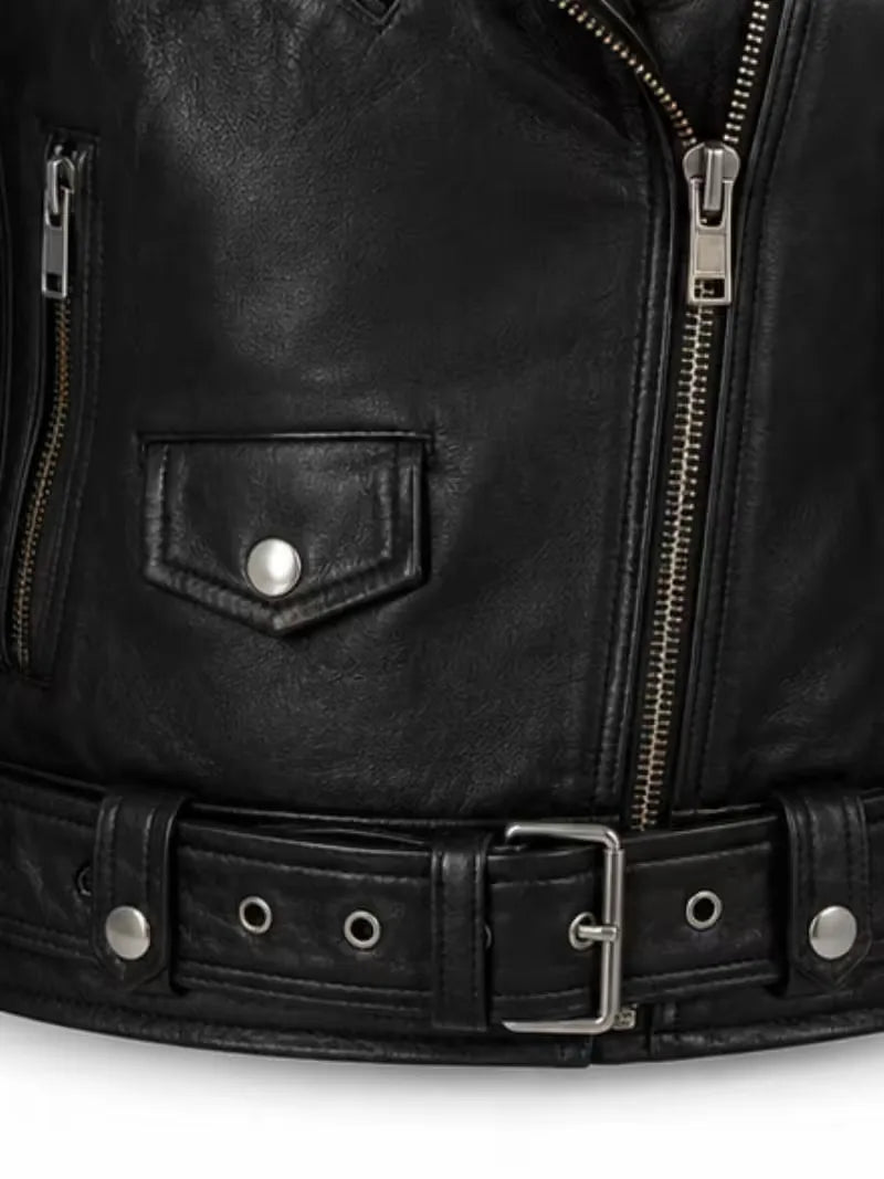Women's black sheepskin leather jacket, pocket detail