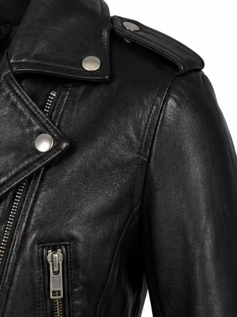 Women's black sheepskin leather jacket, cuff detail