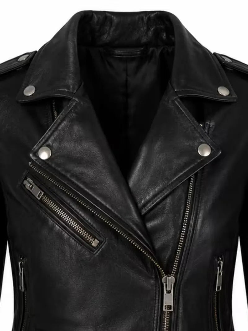 Women's black sheepskin leather jacket, zip and closure detail
