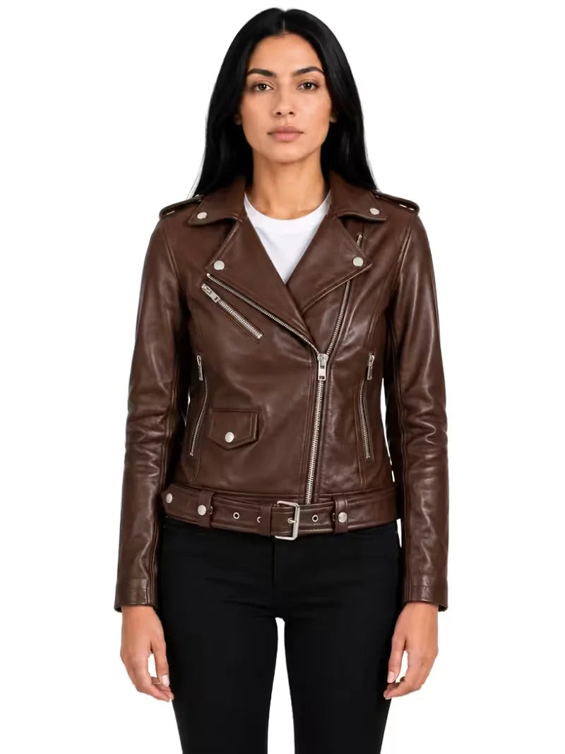 Women's black sheepskin leather jacket, side view