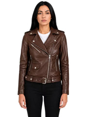 Women's black sheepskin leather jacket, side view