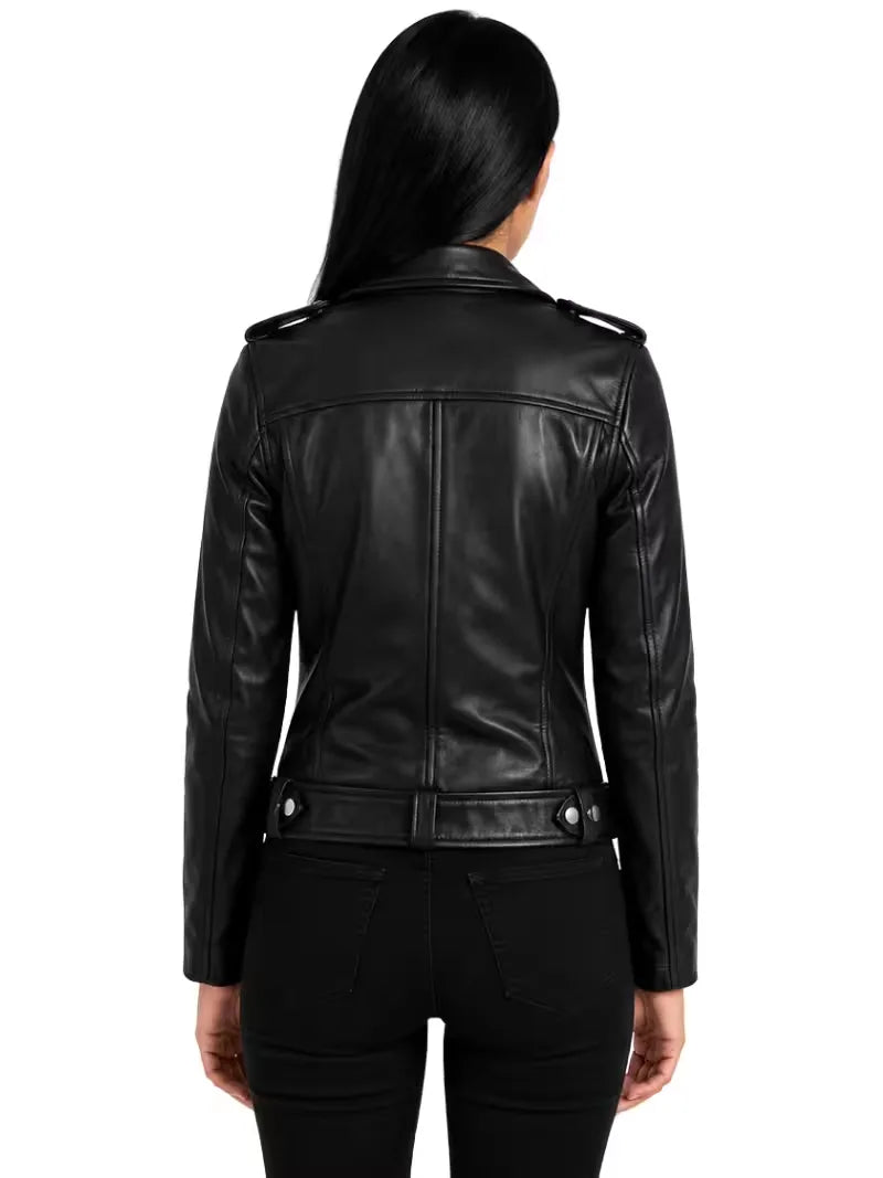 Women's black sheepskin leather jacket, back view