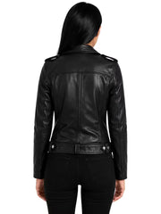 Women's black sheepskin leather jacket, back view