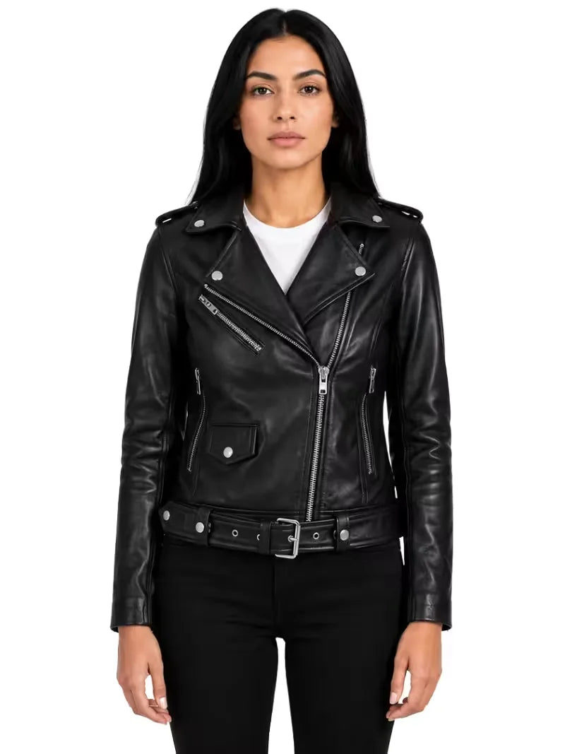 Women's black sheepskin leather jacket, front view