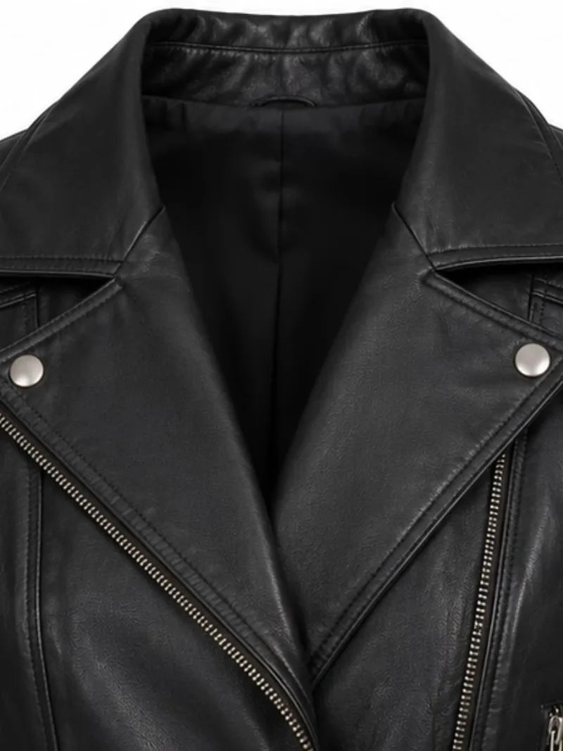 Women's black sheepskin leather jacket, zip and closure detail