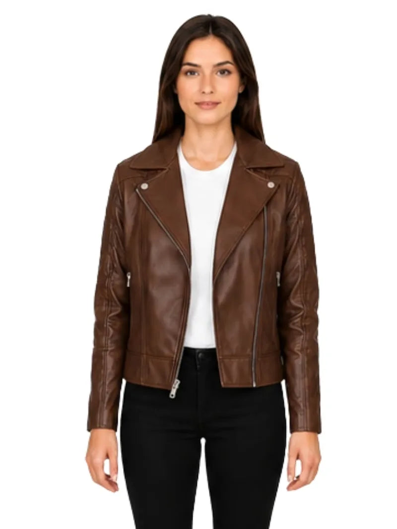 Women's black sheepskin leather jacket, side view