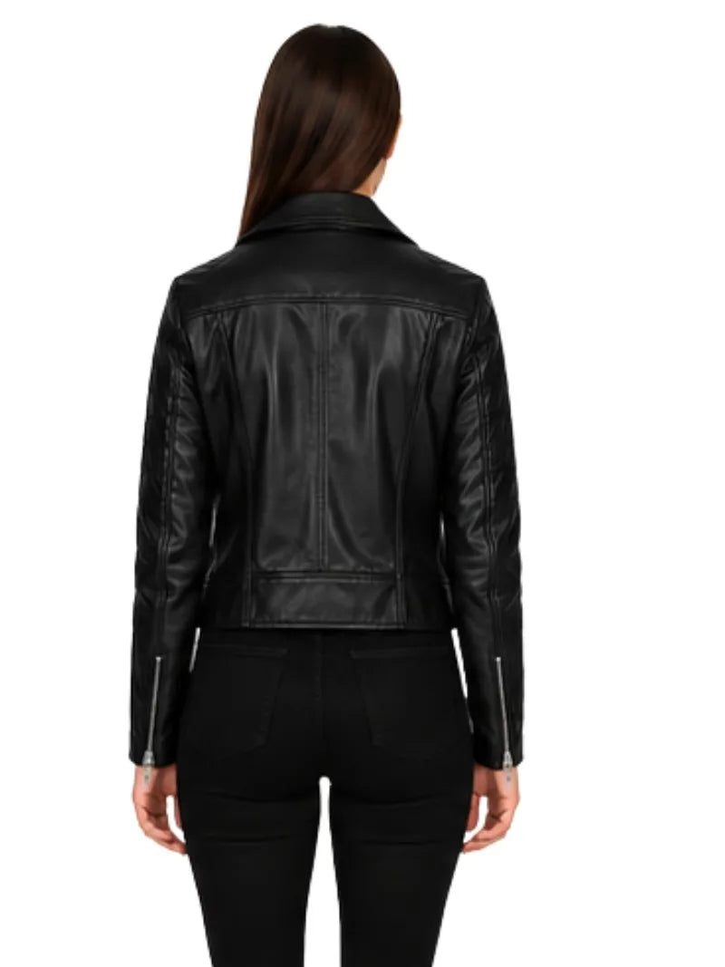 Women's black sheepskin leather jacket, back view