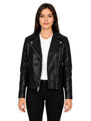 Women's black sheepskin leather jacket, front view