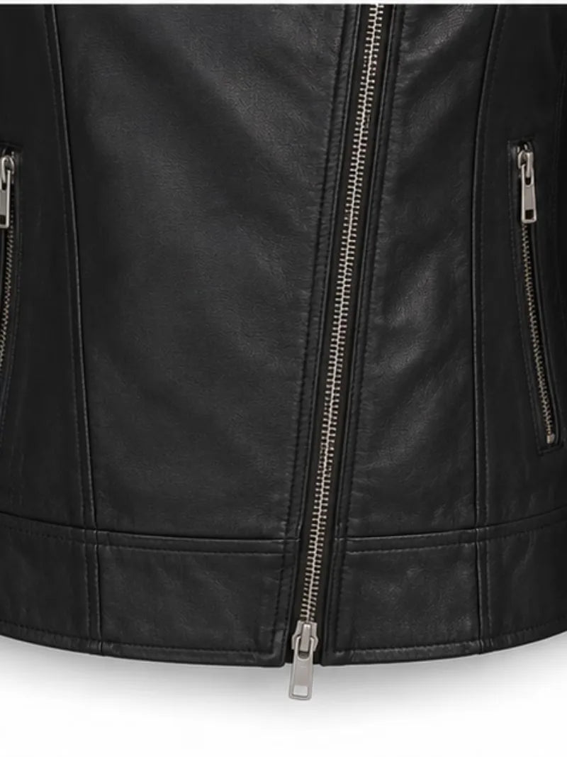 Women's black sheepskin leather jacket, pocket detail