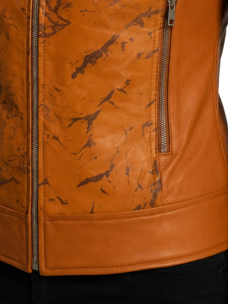 Women's brown sheepskin leather puffer jacket, pocket detail