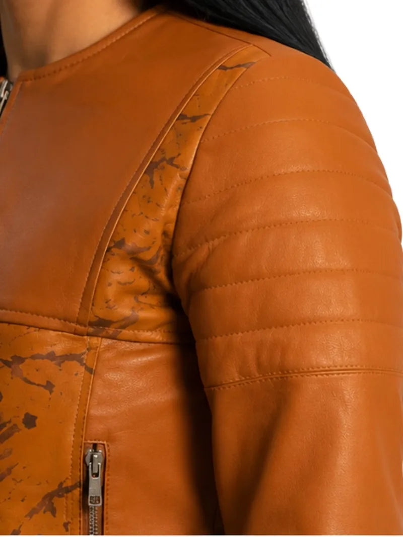 Women's brown sheepskin leather puffer jacket, cuff detail