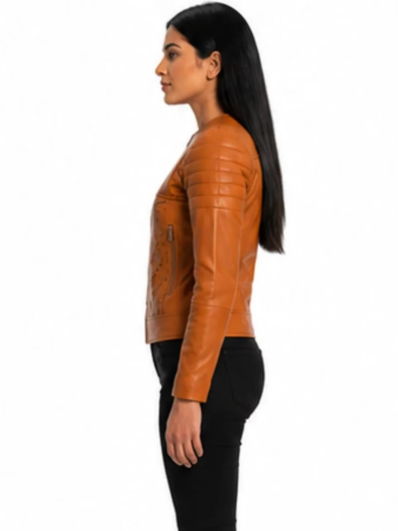 Women's brown sheepskin leather puffer jacket, collar detail