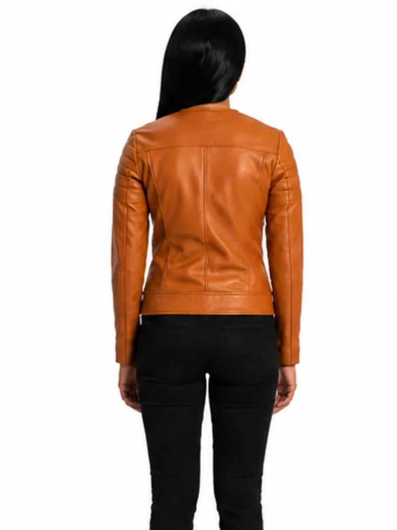 Women's brown sheepskin leather puffer jacket, back view
