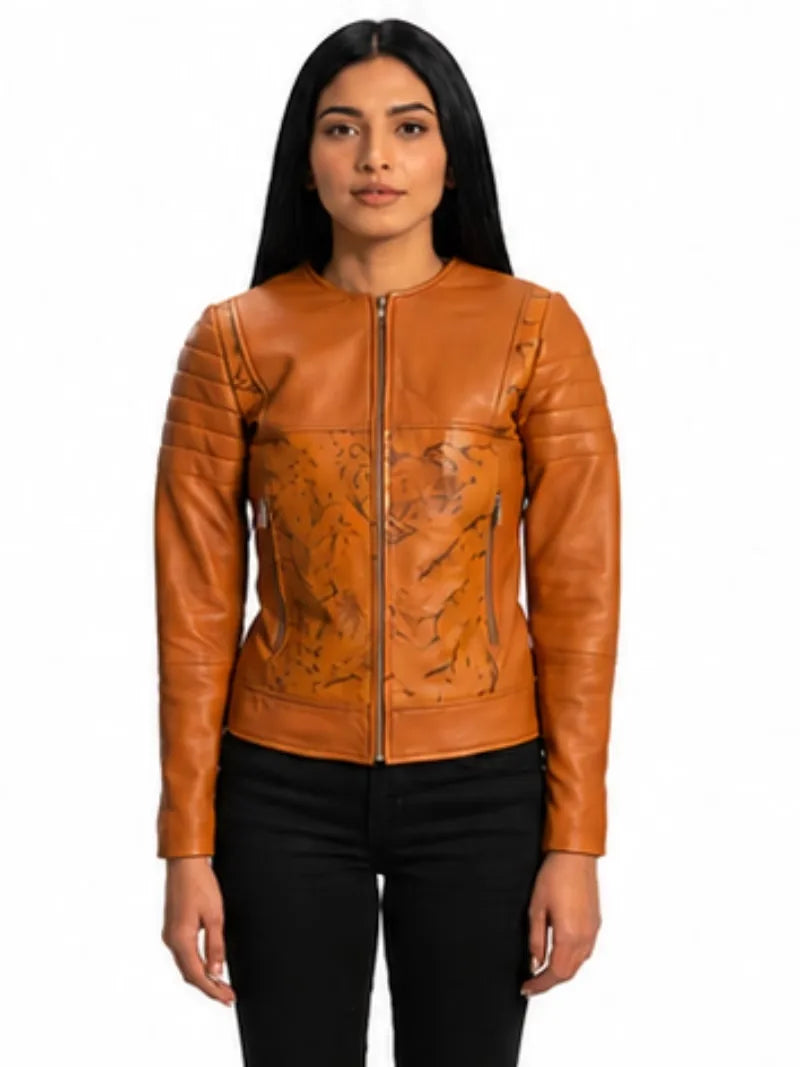 Women's brown sheepskin leather puffer jacket, front view