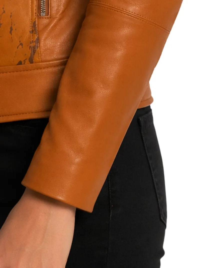 Women's brown sheepskin leather puffer jacket, lining detail