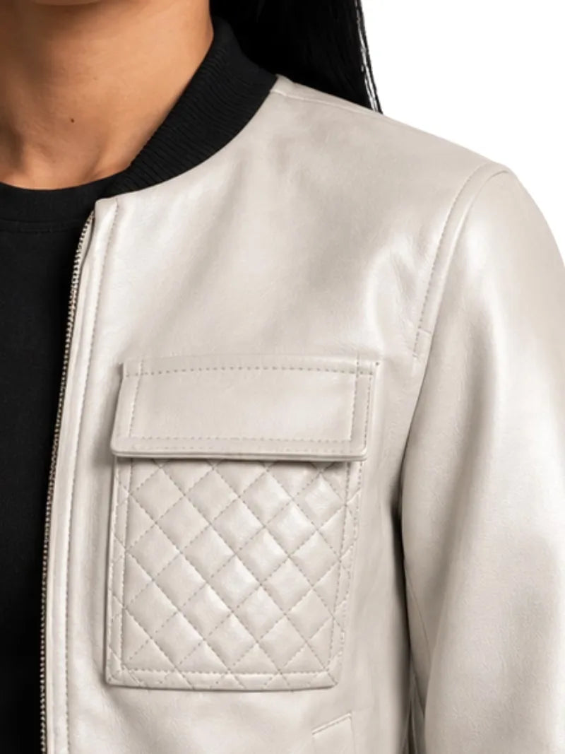 Women's white sheepskin leather jacket, cuff detail