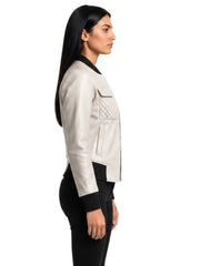Women's white sheepskin leather jacket, side view