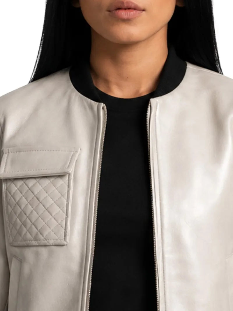 Women's white sheepskin leather jacket, zip and closure detail