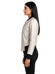 Women's white sheepskin leather jacket, collar detail