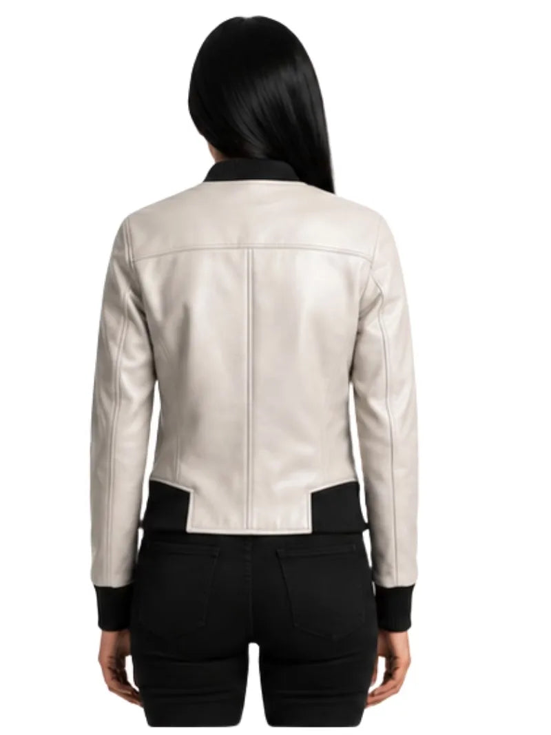 Women's white sheepskin leather jacket, back view