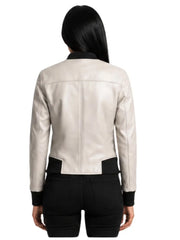 Women's white sheepskin leather jacket, back view