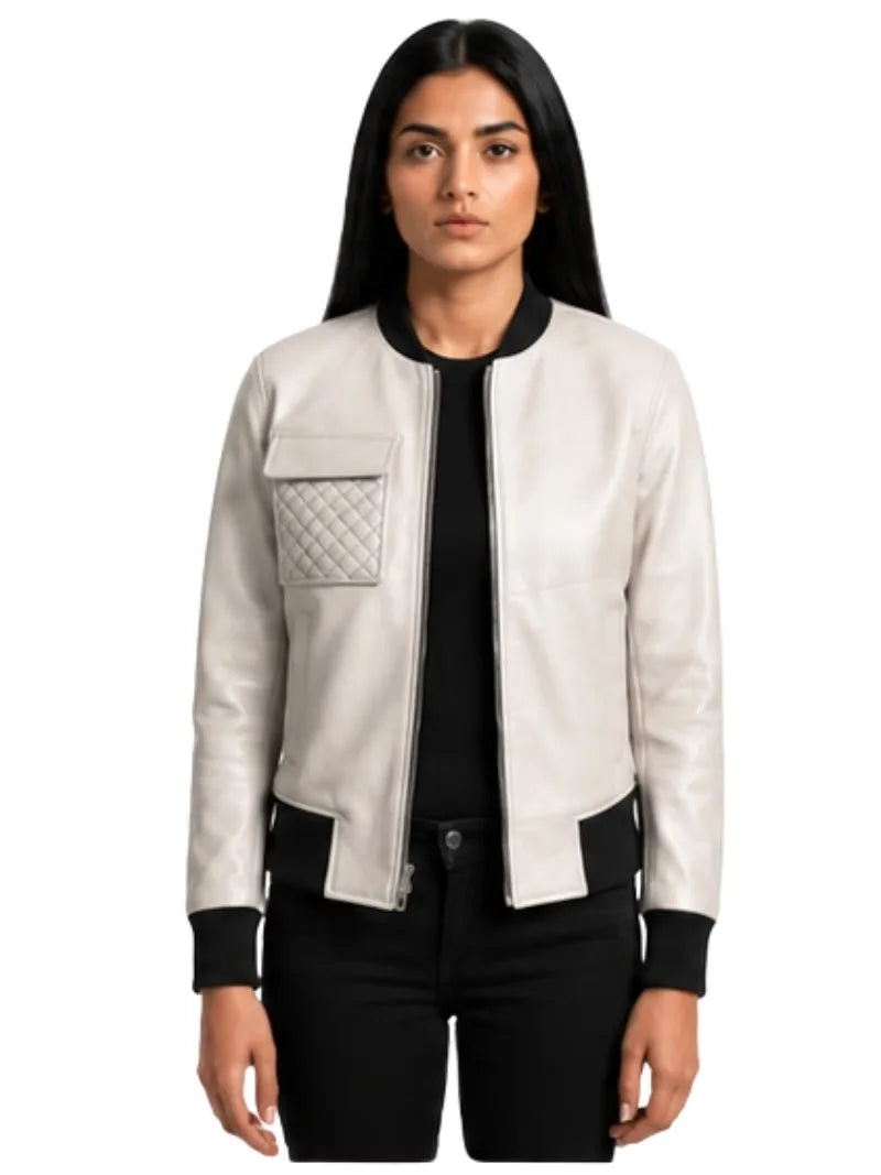 Women's white sheepskin leather jacket, front view