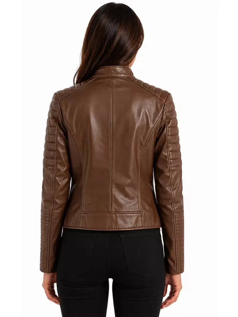 Women's brown sheepskin leather jacket, collar detail