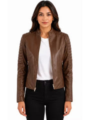 Women's brown sheepskin leather jacket, side view