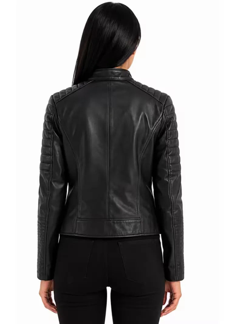 Women's brown sheepskin leather jacket, back view