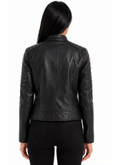 Women's brown sheepskin leather jacket, back view
