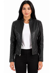 Women's brown sheepskin leather jacket, front view