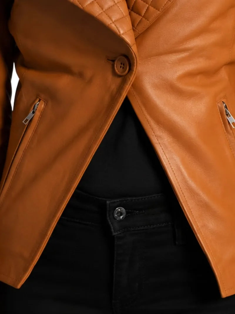 Women's brown sheepskin leather jacket, pocket detail