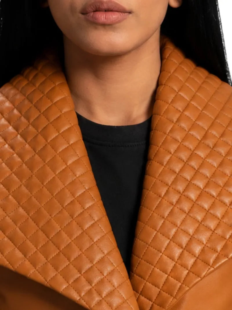 Women's brown sheepskin leather jacket, zip and closure detail