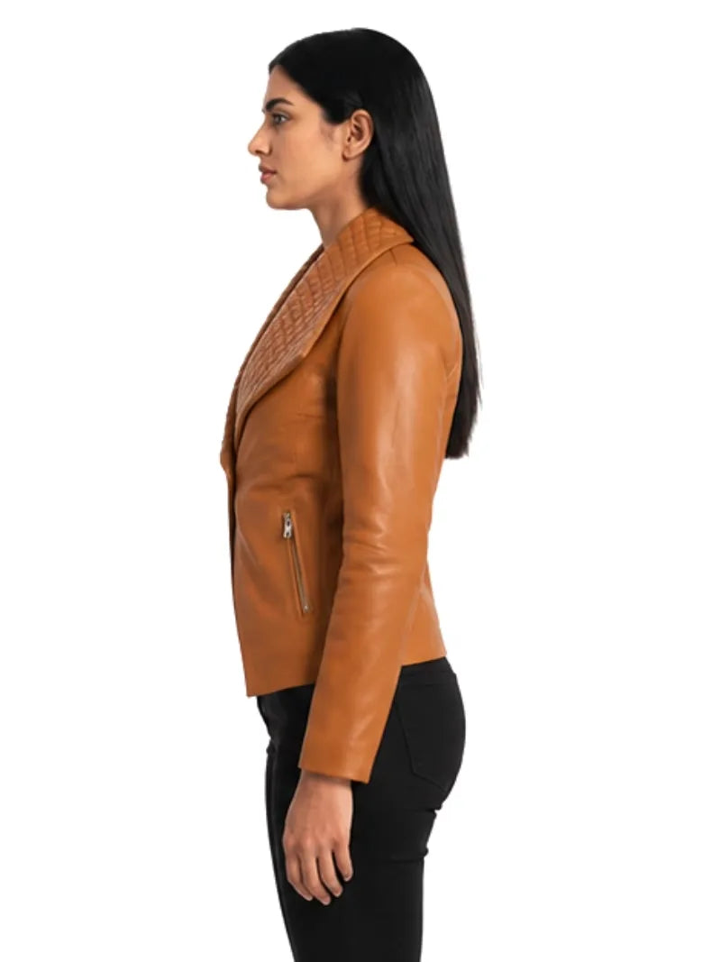 Women's brown sheepskin leather jacket, collar detail