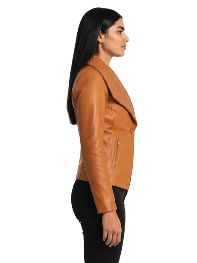 Women's brown sheepskin leather jacket, side view