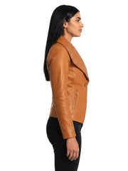 Women's brown sheepskin leather jacket, side view