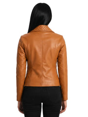 Women's brown sheepskin leather jacket, back view