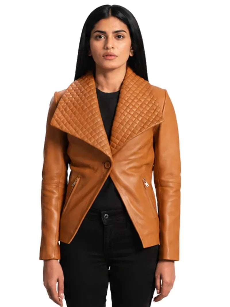 Women's brown sheepskin leather jacket, front view