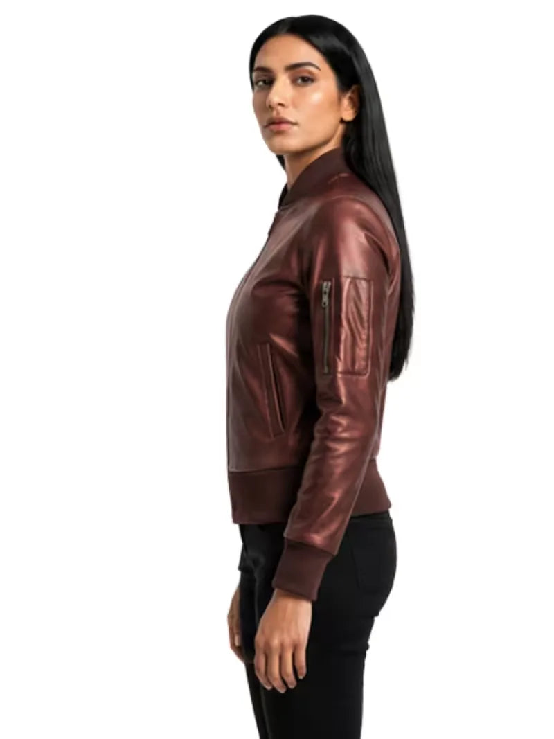 Women's maroon sheepskin leather jacket, collar detail