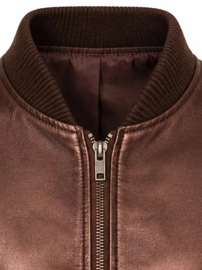 Women's maroon sheepskin leather jacket, zip and closure detail