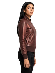 Women's maroon sheepskin leather jacket, side view