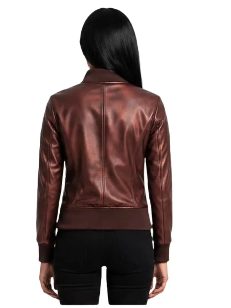 Women's maroon sheepskin leather jacket, back view